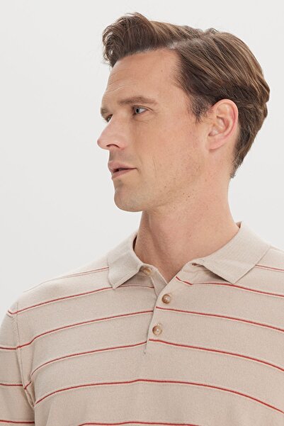 ALTINYILDIZ CLASSICS Ανδρικό πλεκτό μπλουζάκι MINK-ORANGE Standard Fit κανονική εφαρμογή 100% βαμβακερό ριγέ πόλο γιακά