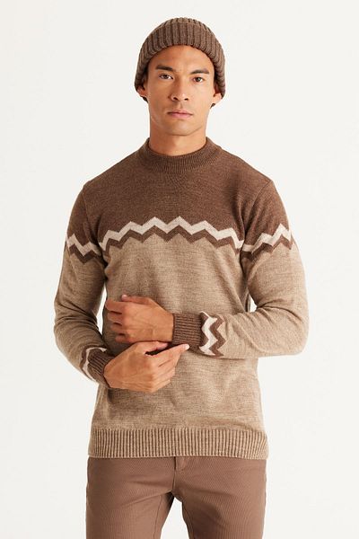 AC&Co / Altınyıldız Classics Braun-beiger Herrenstrickpullover mit Standard-Passform und normalem Schnitt und halbem Rollkragenpullover und Zickzackmuster