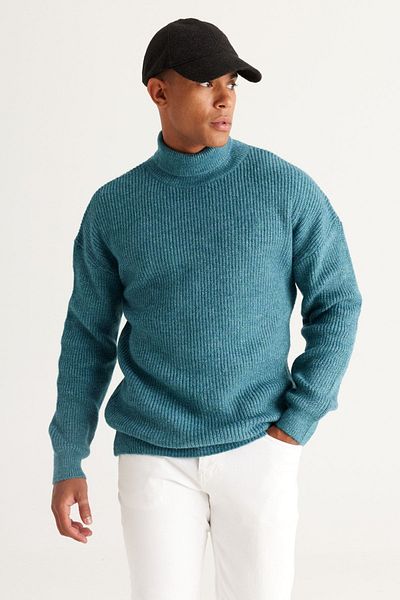 AC&Co / Altınyıldız Classics Petrolfarbener, locker geschnittener, locker geschnittener Rollkragenpullover für Herren mit gemustertem Roségold-Strickpullover mit weicher Struktur