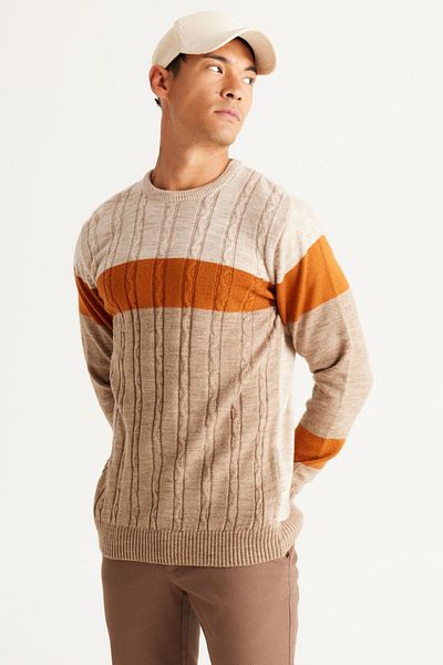 AC&Co / Altınyıldız Classics Πλεκτό πουλόβερ ανδρικό μπεζ-βιζόν Standard Fit Normal Cut Crew Neck Colorblok με σχέδια