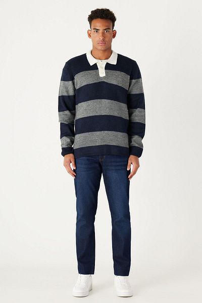 AC&Co / Altınyıldız Classics Marineblau-grauer Standard-Passform-Pullover für Herren mit normalem Schnitt und Rollkragen, gestreiftem, weichem, strukturiertem Strickpullover