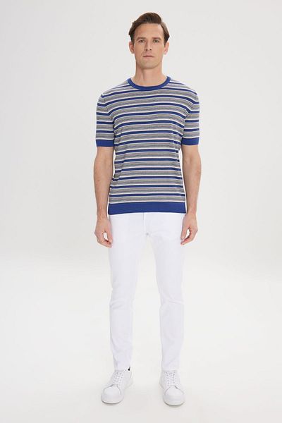 ALTINYILDIZ CLASSICS Men's Striped Knitwear T-shirt - SAKS Beige, Crew Neck, 100% Cotton, Standard Fit