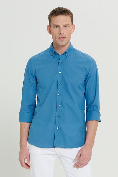 AC&Co / Altınyıldız Classics Cămașă pentru bărbați, 100% bumbac, Oxford, slim fit, cu guler cu nasturi