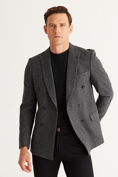 ALTINYILDIZ CLASSICS Μαύρο Slim Fit Wool Double Breasted Blazer - Swallow Collar, Slim Fit
