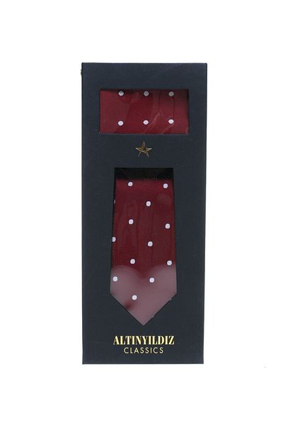 ALTINYILDIZ CLASSICS Set cravată-batiste alb - roșu claret pentru bărbați