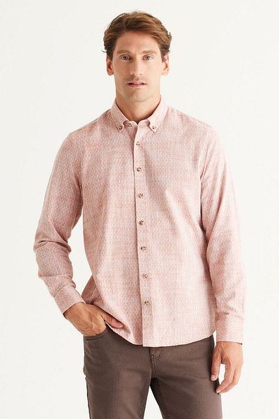 AC&Co / Altınyıldız Classics Ανδρικό καφέ Slim Fit Slim Fit 100% βαμβακερό γιακά με κουμπί Dobby πουκάμισο