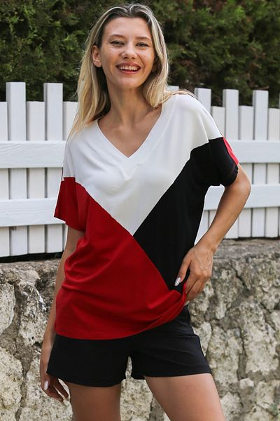 Chiccy V-Neck Red-White Low Sleeve Knitted Blouse