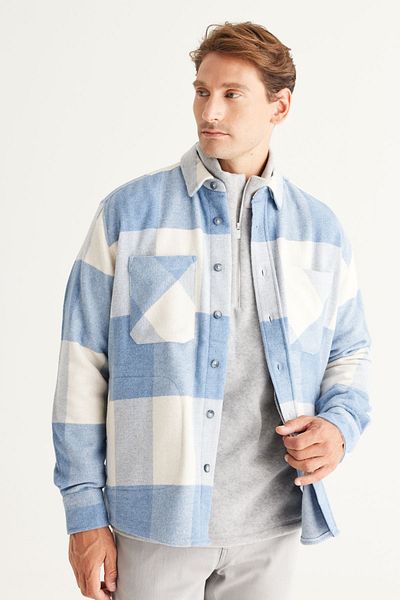 AC&Co / Altınyıldız Classics Men's Blue-beige Oversize Loose Cut Button Collar Plaid Patterned Lumberjack Winter Shirt Jacket