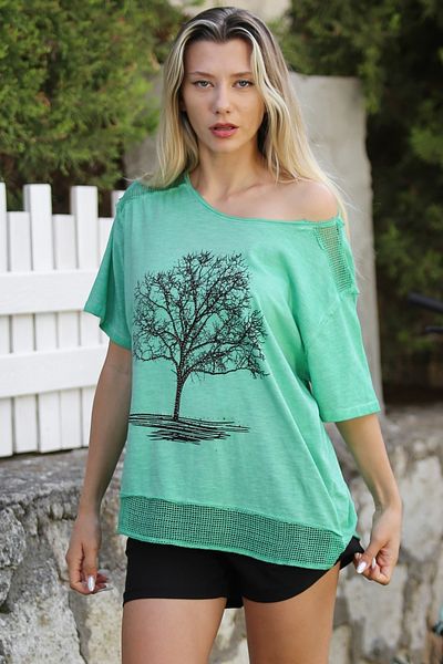 Chiccy Bluză casual cu guler pentru piscină cu imprimeu verde - fustă cu mânecă scurtă și cu detaliu din plasă