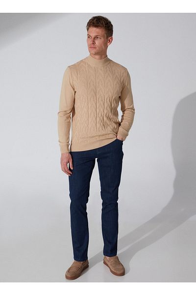 ALTINYILDIZ CLASSICS Beigefarbener, nicht pillender Dobby-Strickpullover mit normaler Passform und halbem Rollkragen für Herren