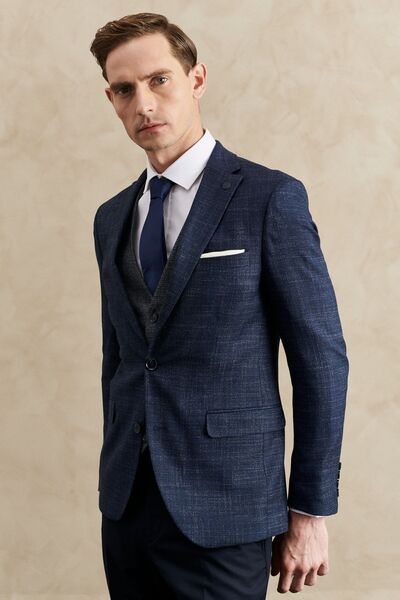 ALTINYILDIZ CLASSICS Men's Navy Blue Slim Fit Slim Fit Mono Collar Patterned Vest Suit