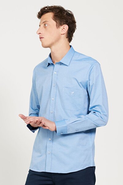 AC&Co / Altınyıldız Classics Cămașă Dobby, din bumbac, cu guler clasic, cu tăietură îngustă, albastră