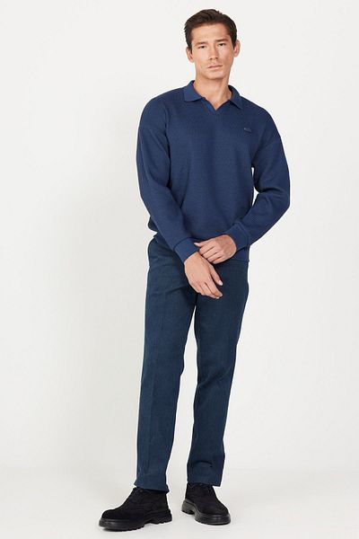 AC&Co / Altınyıldız Classics Férfi sötétkék laza szabású, bő szabású polo-nyakú jacquard pulóver
