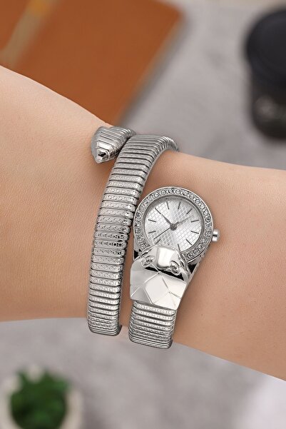 polo55.sport.1855 ساعة يد نسائية معدنية فضية على شكل ثعبان