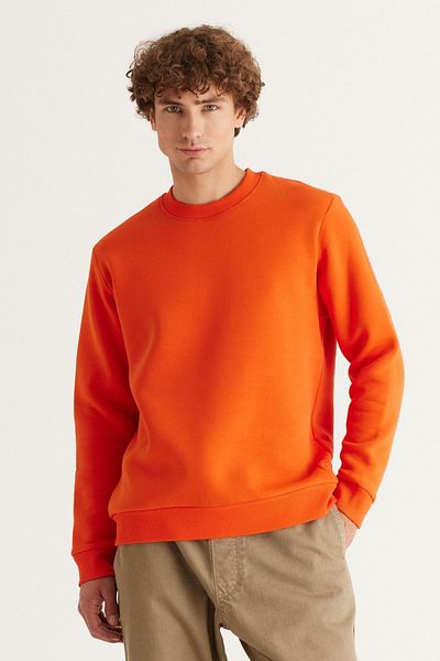 AC&Co / Altınyıldız Classics Men's Orange 3 Thread Crew Neck Fleece Cotton Sweatshirt - Standard Fit
