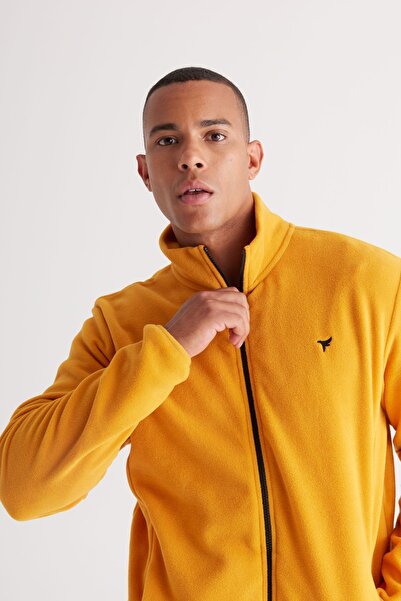 AC&Co / Altınyıldız Classics Men's Yellow Standard Fit Regular Cut Cold-Proof Stand Collar Fleece Sweatshirt Jacket