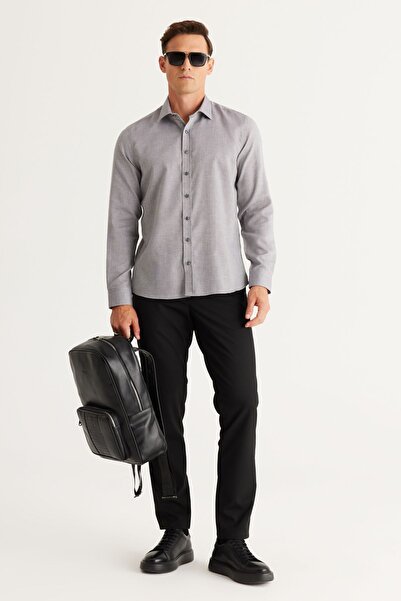 ALTINYILDIZ CLASSICS Men's Gray Slim Fit Narrow Cut Classic Collar Cotton Dobby Shirt