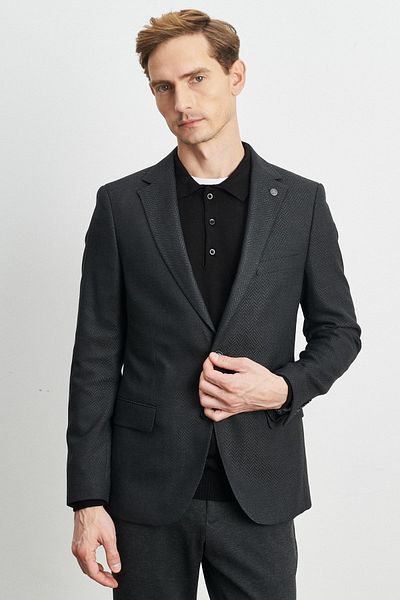 ALTINYILDIZ CLASSICS Men's Anthracite Slim Fit Slim Fit Mono Collar Houndstooth Patterned Jacket