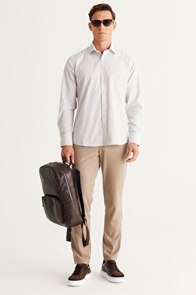 ALTINYILDIZ CLASSICS Ανδρικό λευκό-μπεζ άνετο πουκάμισο από βαμβακερό γιακά με χαλαρή κοπή