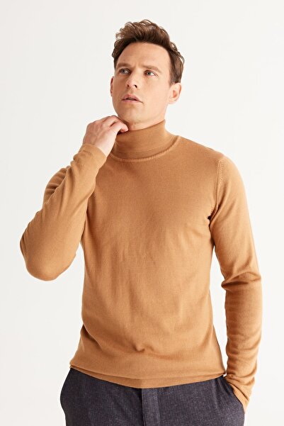 ALTINYILDIZ CLASSICS Erkek Vizon Standart Fit Normal Kesim Tam Balıkçı Yaka Triko Kazak