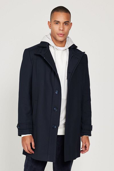 ALTINYILDIZ CLASSICS Marineblauer Wollmantel mit Muster und Stehkragen für Herren in Standard-Passform, normaler Schnitt