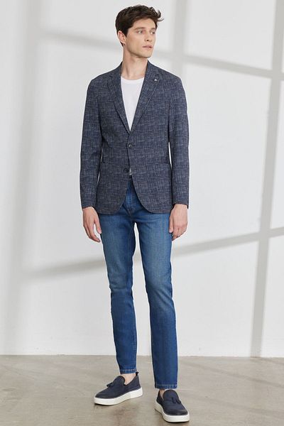 ALTINYILDIZ CLASSICS Marineblauer Slim-Fit-Blazer mit Hahnentrittmuster und schmaler Passform für Herren in Marineblau