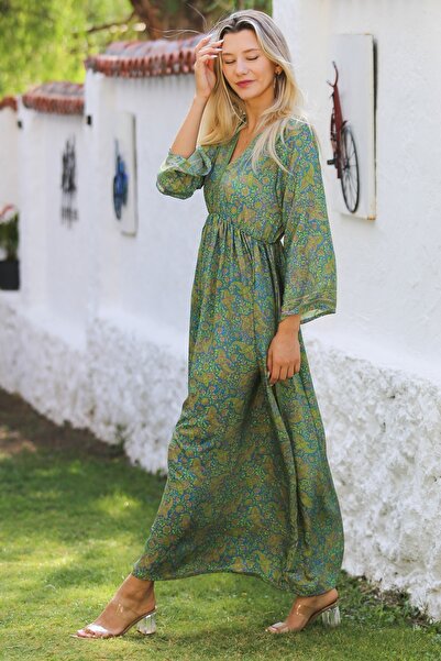 Chiccy Hindistan Yeşil V Yaka Uzun Kol Robası Büzgülü Allover Baskılı Dokuma Casual Elbise