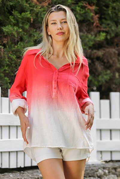 Chiccy Pomegranate Patterned - Long Sleeve Casual Blouse with Shirt Collar and Button Detail