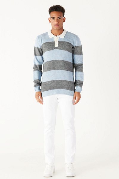 AC&Co / Altınyıldız Classics Pulover pentru bărbați, albastru, antracit, cu croiala normală, cu decolteu polo, în dungi, înălțat, cu textura moale