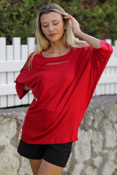 Chiccy Bluză casual cu mânecă liliac din tul roșu cu bijuterii