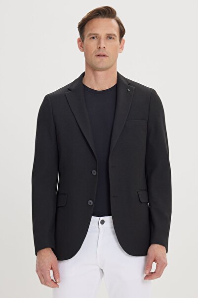 ALTINYILDIZ CLASSICS Мъжко черно 360-градусово разтегливо тънко прилепнало сако с моно яка