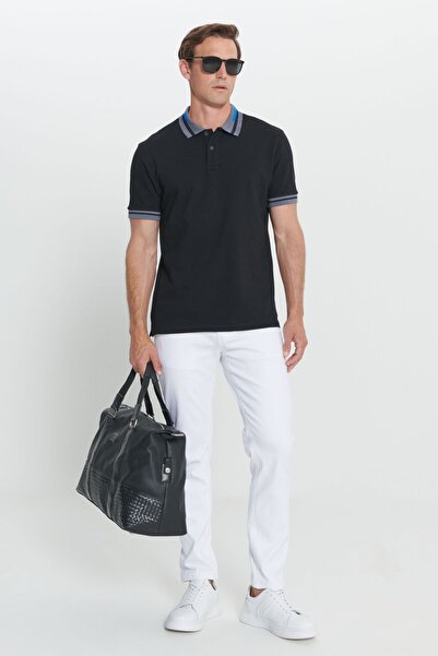 AC&Co / Altınyıldız Classics Pánské černé tričko Slim Fit úzkého střihu, 100% bavlna, nerolovatelné polo tričko s výstřihem