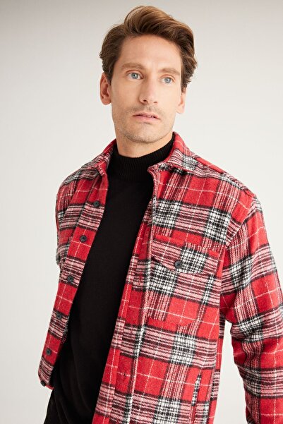AC&Co / Altınyıldız Classics Men's Red Oversize Loose Cut Button Collar Plaid Winter Shirt Jacket