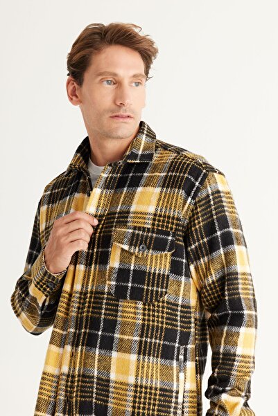 AC&Co / Altınyıldız Classics Férfi sárga-fekete túlméretes laza vágású gombos galléros kockás téli ingkabát