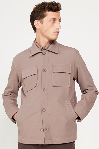 AC&Co / Altınyıldız Classics Erkek Koyu Bej Oversize Fit Bol Kesim Klasik Yaka Pamuklu Desenli Gömlek Ceket