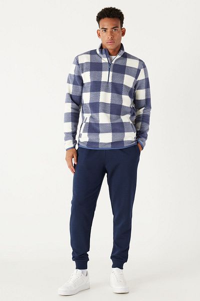 AC&Co / Altınyıldız Classics Men's Ecru Indigo Standard Fit Normal Cut Stand-Up Bato Collar Fleece Sweatshirt