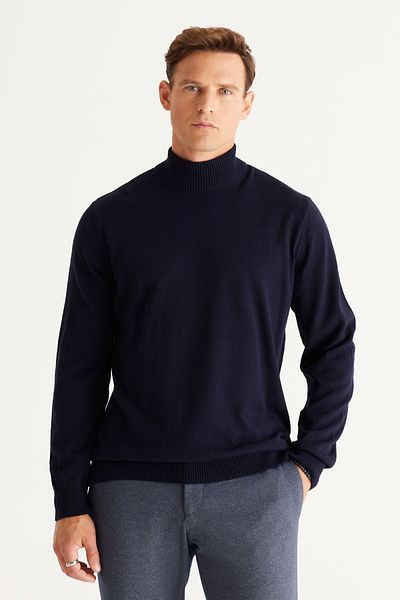 ALTINYILDIZ CLASSICS Marineblauer, pillingfreier Standard-Strickpullover mit normalem Schnitt und halbem Rollkragen für Herren