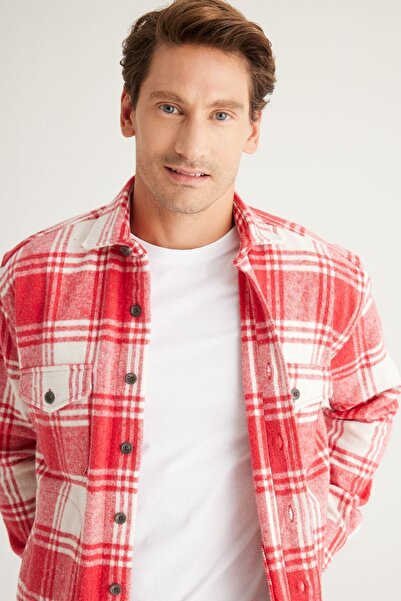 AC&Co / Altınyıldız Classics Men's Red Ecru Oversize Loose Cut Button Collar Checked Winter Shirt Jacket