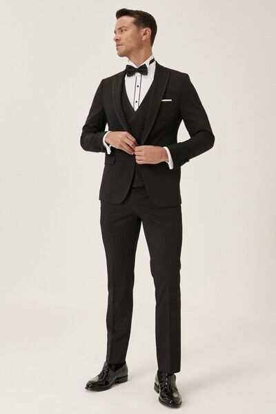 ALTINYILDIZ CLASSICS Men's Black Extra Slim Fit Slim Fit Vest Patterned Tuxedo Groom Suit