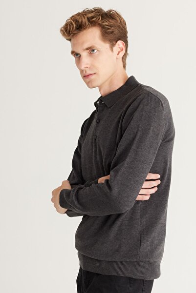 ALTINYILDIZ CLASSICS Ανδρικό πλεκτό πουλόβερ με κανονική εφαρμογή Anthracite-Melange με κανονική κοπή με λαιμόκοψη από βαμβάκι