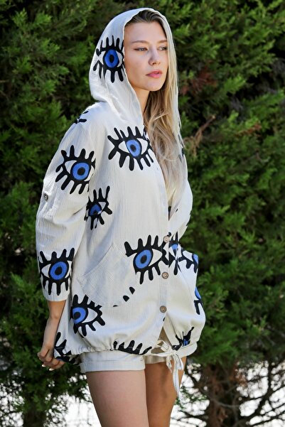 Chiccy Beige Long Sleeve Hooded Allover Printed Casual Cotton Jacket