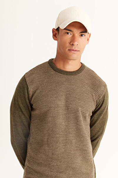 AC&Co / Altınyıldız Classics Men's Khaki-beige Standard Fit Regular Cut Crew Neck Honeycomb Patterned Knitwear Sweater