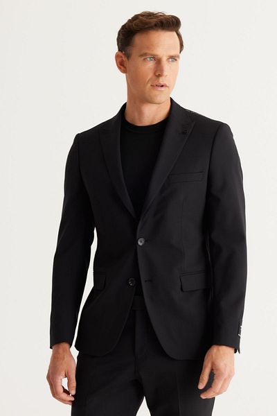ALTINYILDIZ CLASSICS Men's Black Slim Fit Slim Fit Swallow Collar Cordura Fabric Patterned Wool Suit