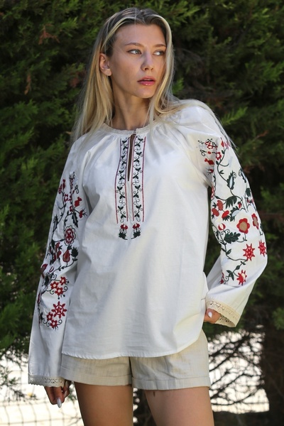 Chiccy White Long Sleeve Casual Blouse with Embroidery Detail - Placket Collar