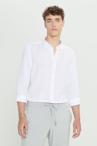 AC&Co / Altınyıldız Classics Λευκό Slim Fit Ανδρικό πουκάμισο - Κλασικό Γιακά, Τετράγωνο σχέδιο, Βαμβακερό