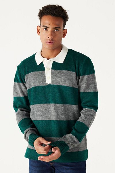 AC&Co / Altınyıldız Classics Men's Green-gray Standard Fit Regular Cut Polo Neck Striped Raised Soft Textured Knitwear Sweater