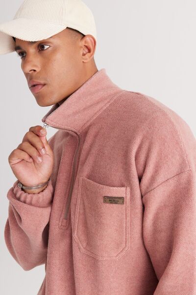AC&Co / Altınyıldız Classics Férfi Dusty Rose Melange laza szabású polár cérna, álló, bato galléros pamut pulóver