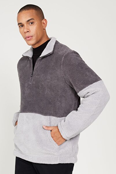 AC&Co / Altınyıldız Classics Erkek A.melanj G.melanj Standart Fit Dik Yaka Kanguru Cepli Çift Renkli Sherpa Polar Sweatshirt