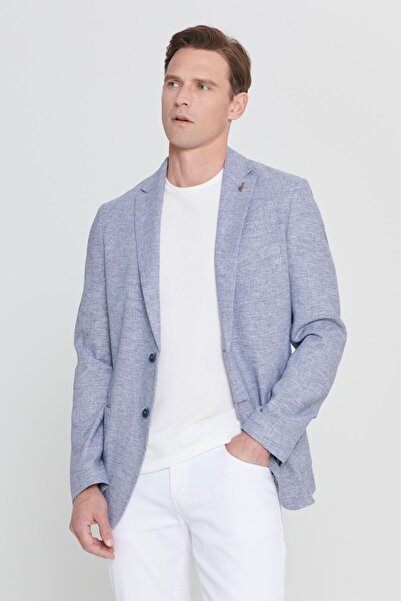 AC&Co / Altınyıldız Classics Férfi sötétkék karcsúsított, vékonyan illeszkedő lenvászon mintás mono galléros táska zsebes blézer dzseki