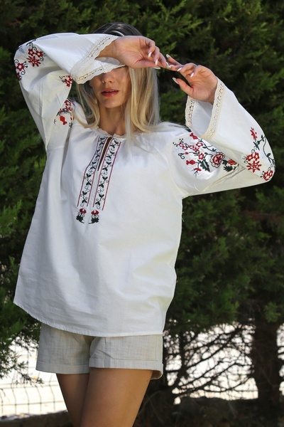 Chiccy White Long Sleeve Casual Blouse with Embroidery Detail - Placket Collar
